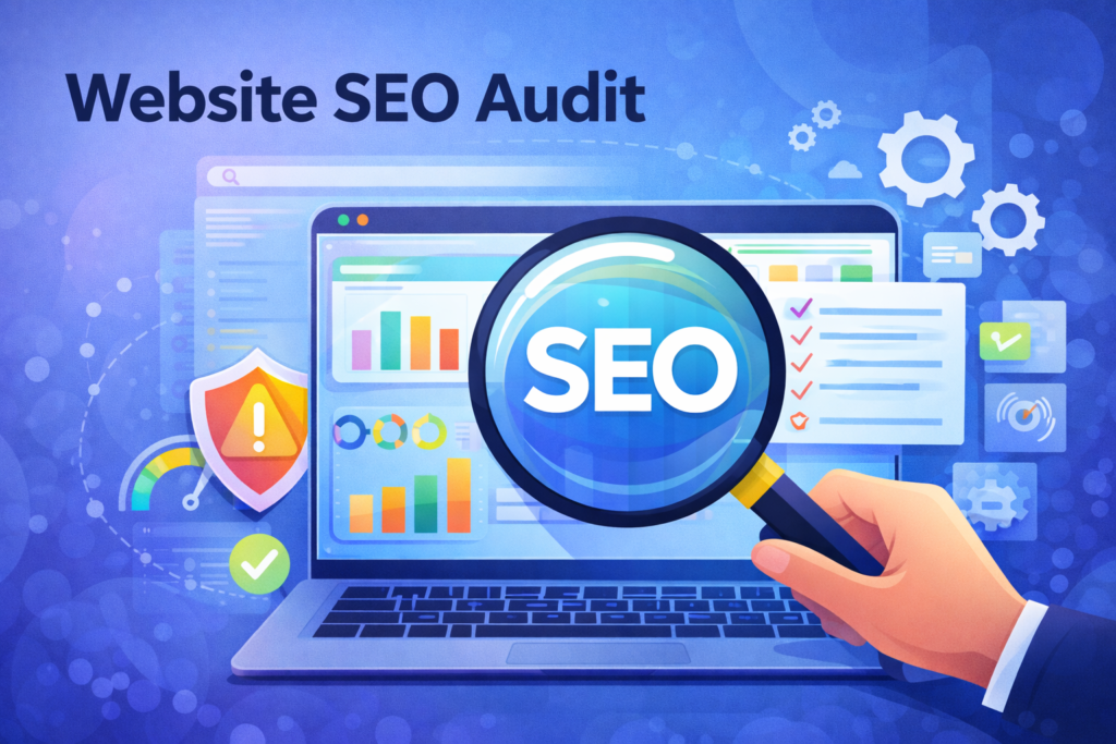 Website SEO audit process showing magnifying glass analyzing SEO data and website performance