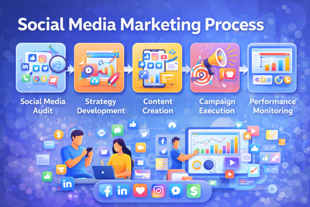 Social Media Marketing Process including strategy planning, content creation, advertising campaigns and analytics for business growth
