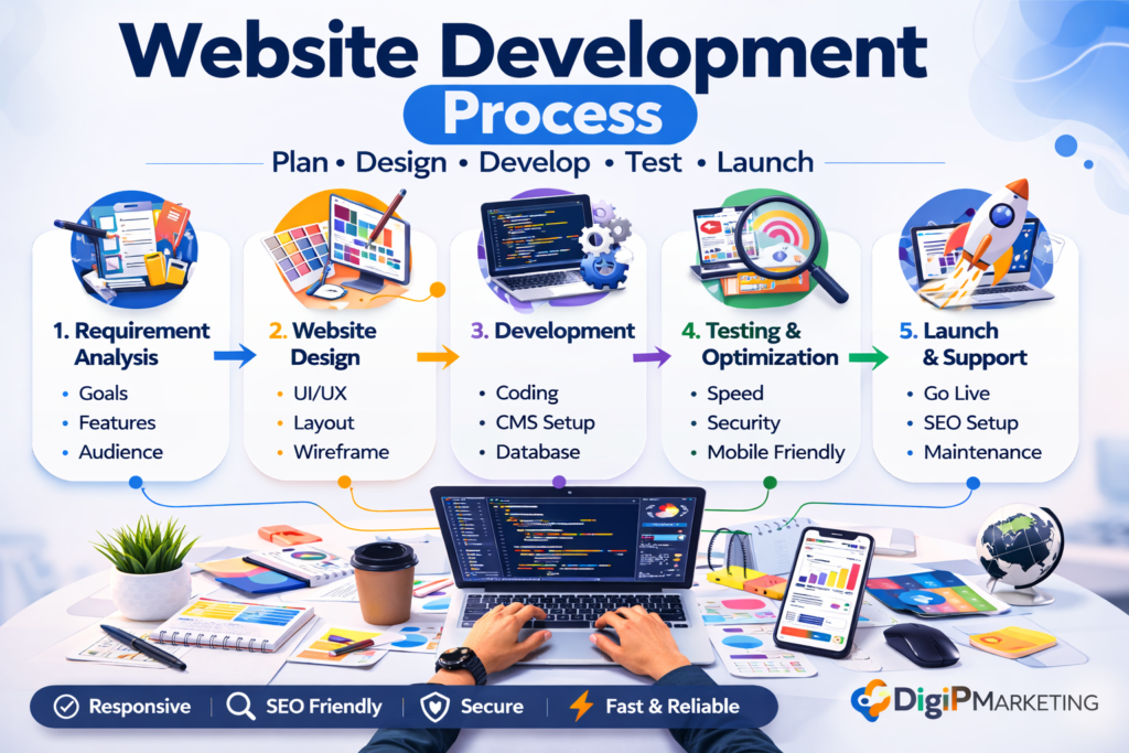 Website development process including planning design development testing and launch